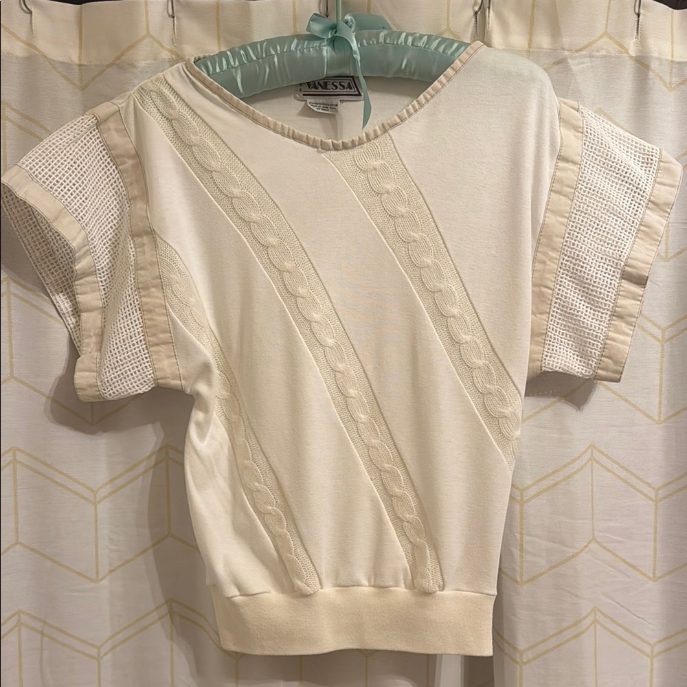 True Vintage Drop Sleeve Cream Knit Crochet blend short sleeve top